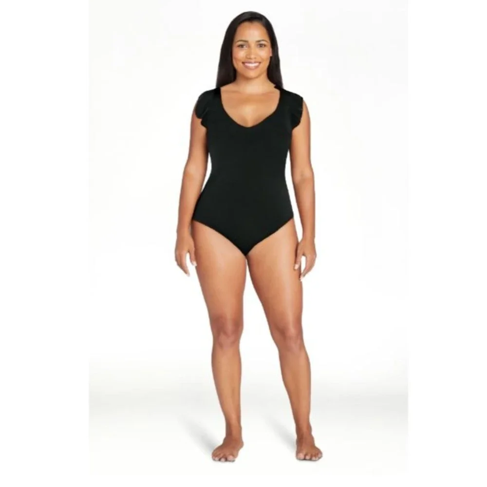 NWT Time and Tru Black Ruffle One Piece Fashion swimsuit bathing suit new pool